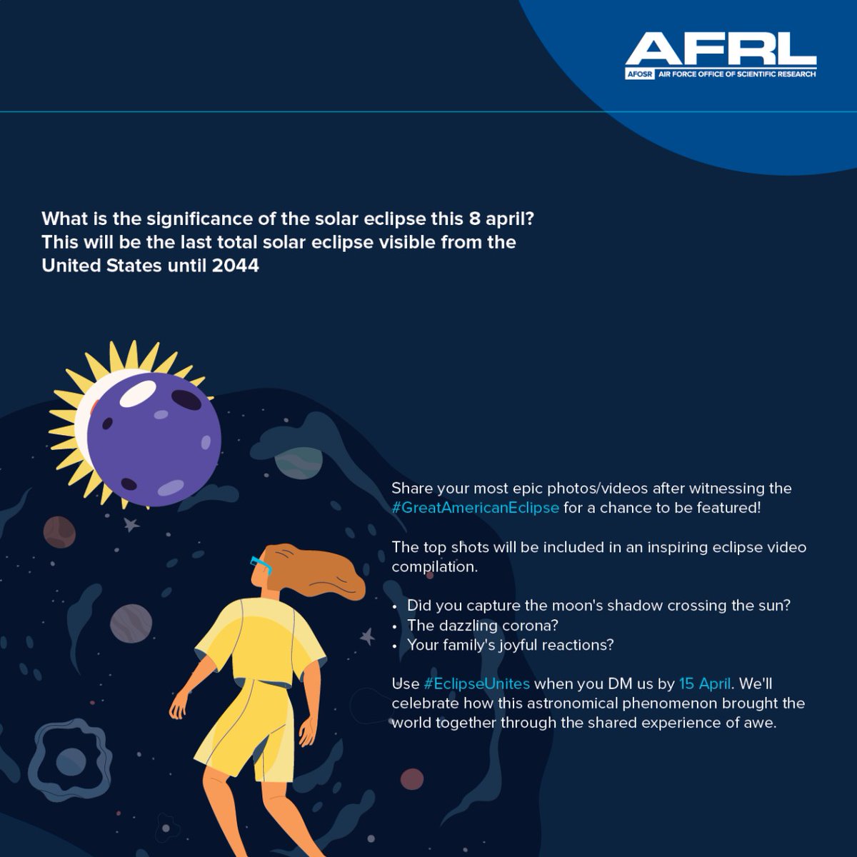 AFOSR's tweet image. Get eclipse ready with this 🔥 infographic! Tips for witnessing the #SolarEclipse2024 on 4/8.

#AFOSR #AFOSRSpaceResearch
#EclipseViewing #EclipseDay #AprilEclipse #AstronomyAddicts #SpaceExplorers #SkyWatchers
