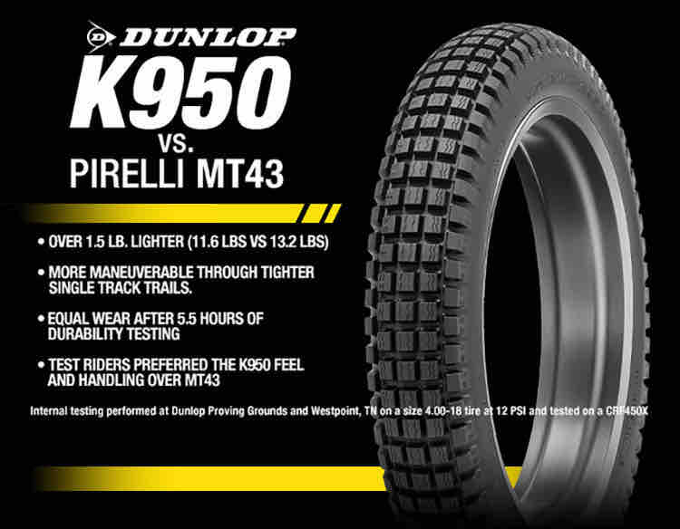 The DOT-approved K950 trials tire delivers the kind of performance trails riders and off-road enthusiasts are looking for, with additional durability and on-road capability. #RideDunlop #Dunlop #Trials #K950