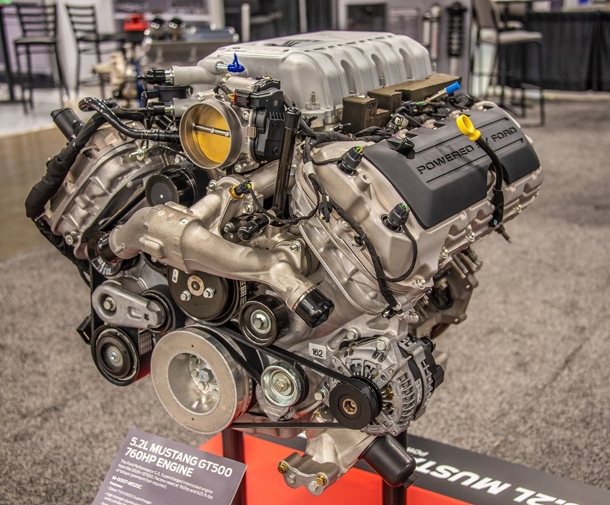 Ford Performance's 5.2L supercharged Mustang GT500 engine rated at 760 horsepower and 625 ft-lbs of torque. #prishow #pri2023