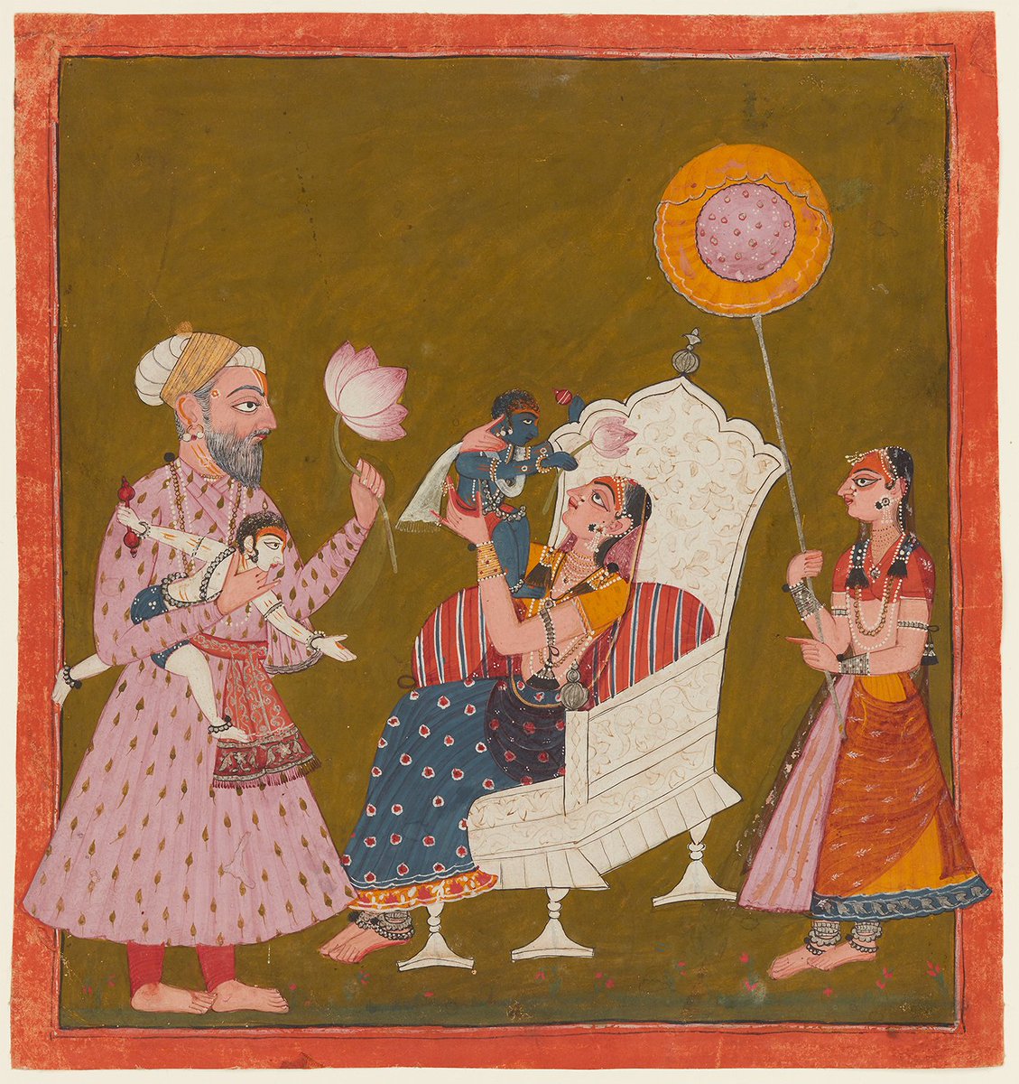 Krishna with his family (Nanda holds Balarama, while an enthroned Yashoda lifts up Krishna) Folio from a Bhagavata Purana Nurpur, Punjab Hills, ca 1710 Gouache and gold on paper Currently at the @AgaKhanMuseum
