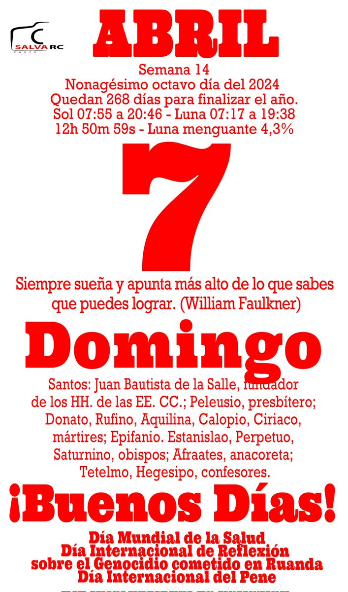 La 🌿 del almanaque.
#Calendar #Almanaque #Santos #Santoral #Domingo #MundialDeLaSalud