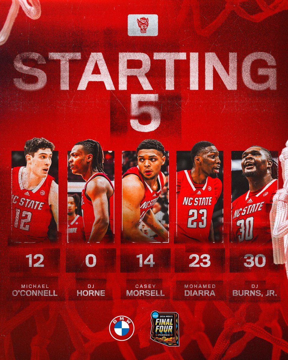 Starters for the Pack vs. Purdue 0 - DJ Horne 12 - Michael O'Connell 14 - Casey Morsell 23 - Mohamed Diarra 30 - DJ Burns 📺: TBS #GoPack | #TriangleBMWDealers