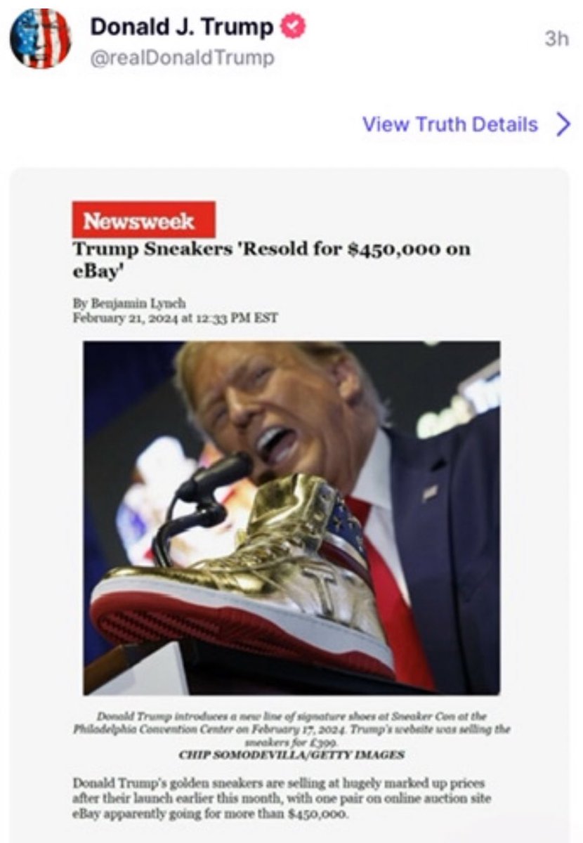 Trump is bragging someone re-sold the ugly stupid sneakers he’s grifting for $450,000 and the media buys it hook, line, and sinker and gives him the headline he wants and he reposts. On closer inspection, it appears some MAGA troll listed the sneakers on an auction site for…