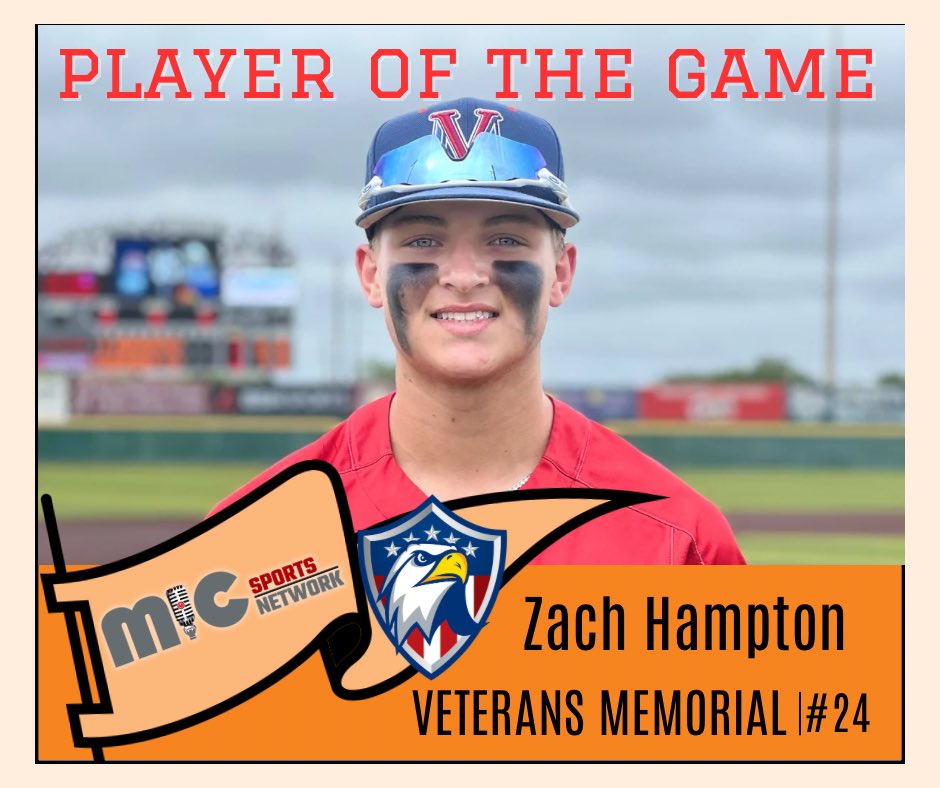 MIC SPORTS NETWORK PLAYER OF THE GAME 🏆 @CCVetsBaseball - Zach Hampton @123VetsBaseball Hampton was 2-3, BB, 2B, 2RBI and drove in the winning run in victory over Laredo United! #txhsbaseball