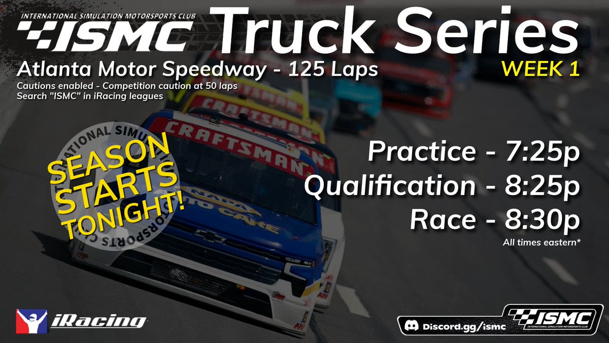 BerhtBig's tweet photo. If you're looking for some competitive but fun racing, join the https://t.co/8Bs1AZOIue truck series over on #iracing tonight. We have week 1 tonight with 125 laps of Atlanta. All skill levels are welcome! #truckseries #nascar https://t.co/vZTnUGtsVp