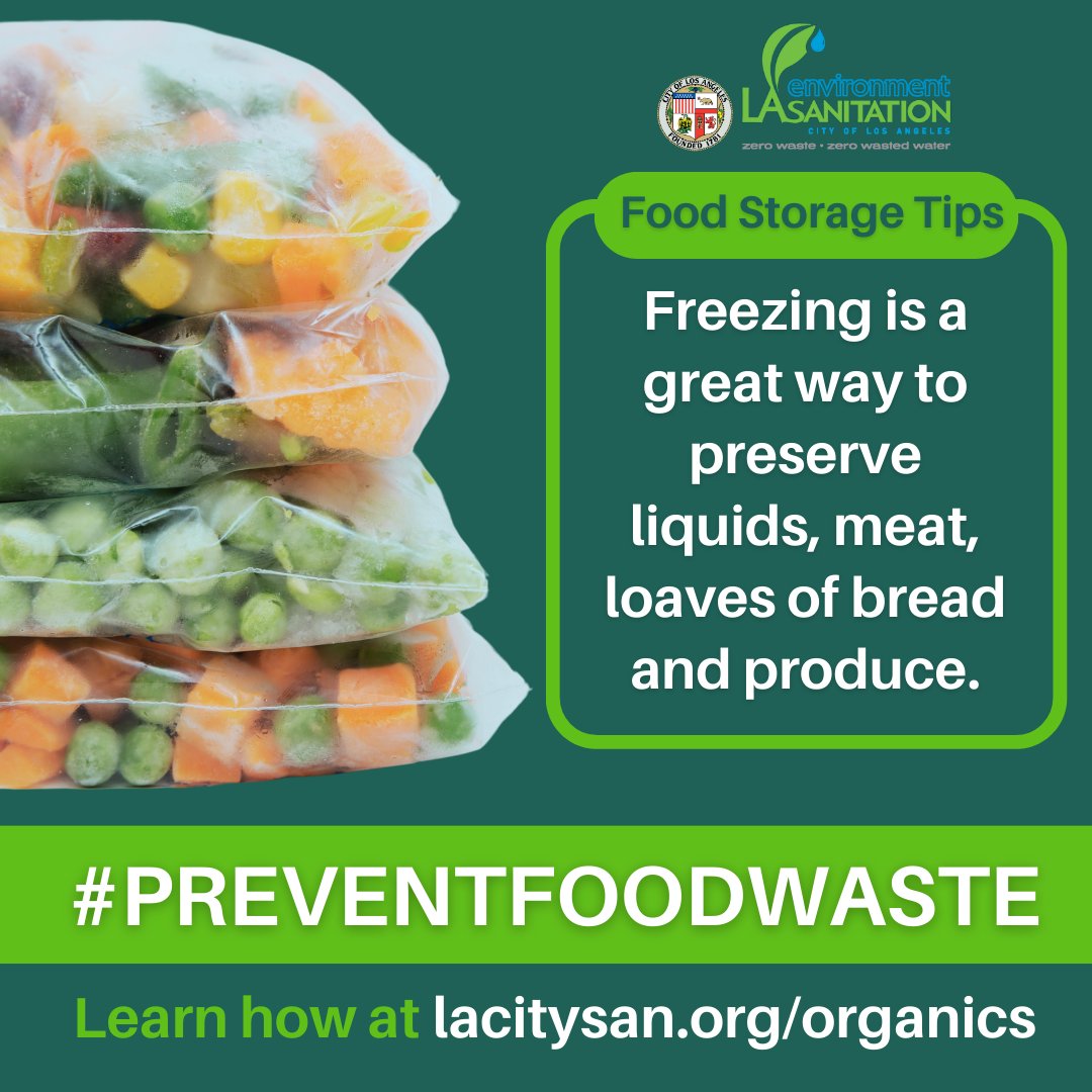 Reduce #foodwaste by freezing whatever you can't eat. Works for liquids, loaves of bread, meat, and some produce. Learn more helpful tips by visiting lacitysan.org #OrganicsLA #organics #foodie #leftovers #foodprep #leftovers #foodstoragetips #foodwasteprevention
