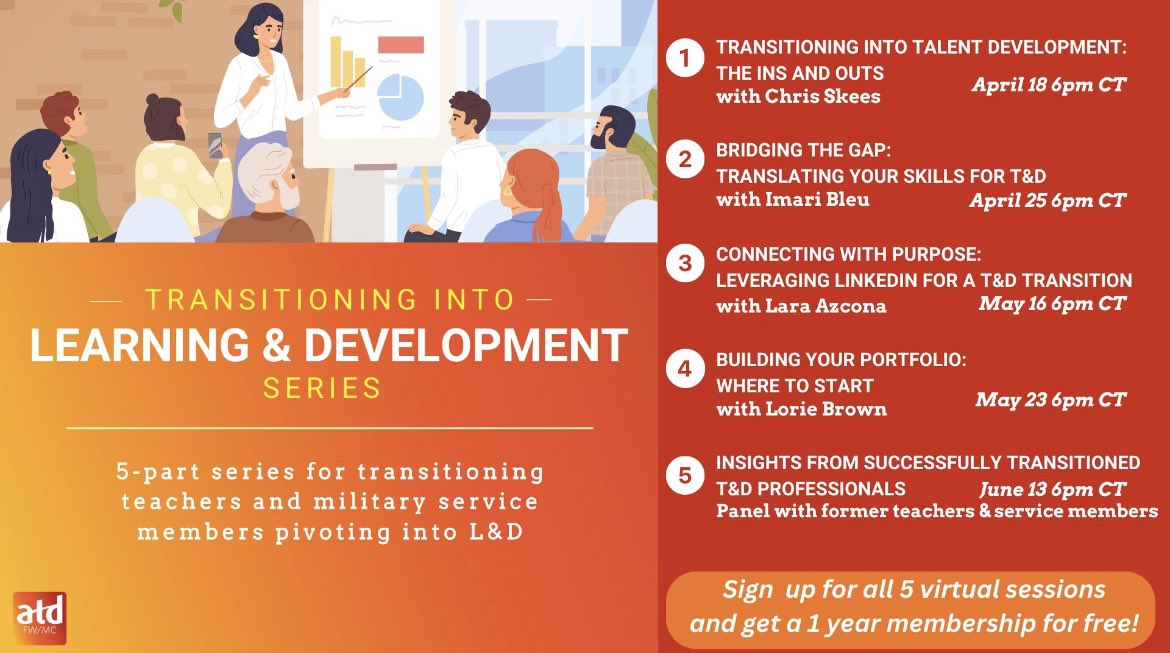 Join the #ATDFW community for an empowering 5-session series designed for former teachers and military service members transitioning into Learning & development! Learn more: atdfortworth.org/Events