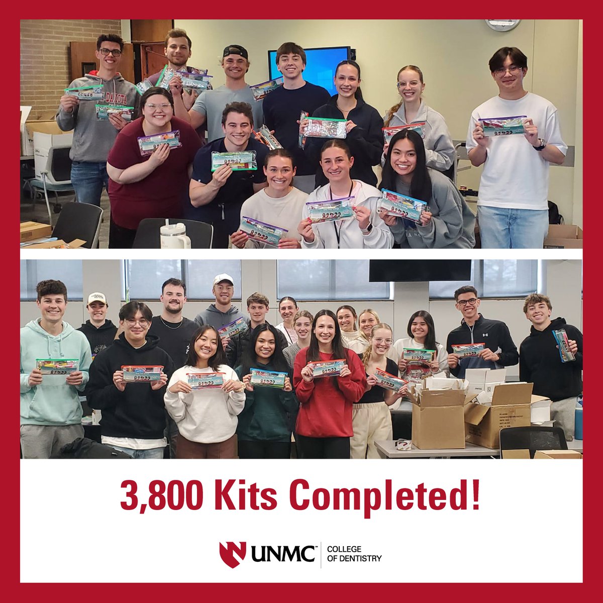 Congrats to the volunteers who packed Early Dental Health Starter Kits on March 22 & April 5; you completed an amazing 3,800 kits! The kits are filled with oral hygiene items and are distributed to parents throughout Nebraska to help prevent dental disease in children. #iamunmc