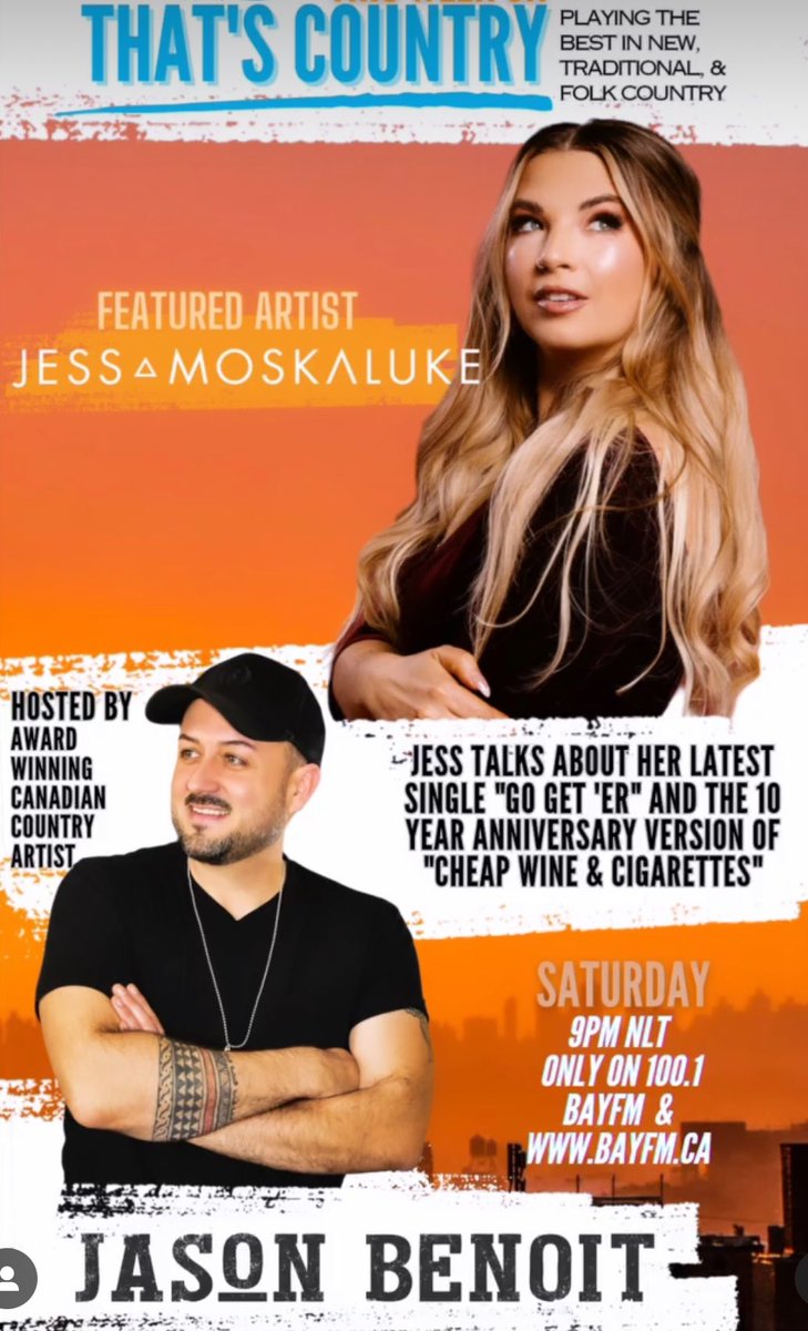 @jessmoskaluke is the special guest on That’s Country with @JBenoitcountry tonight. Tune in 9pm at 100.1 FM, BAYFM.ca and the 100.1 BayFM app! #cornerbrook