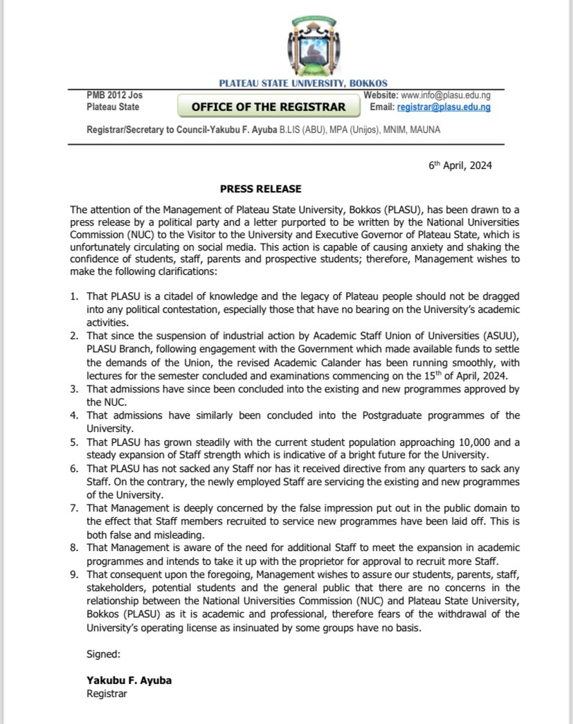 Press Release From the office of the Registrar, Plateau State University, Bokkos