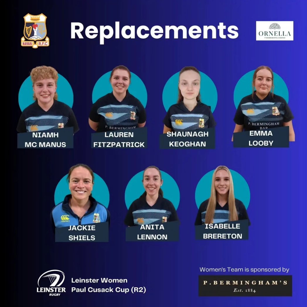 👇SEMI-FINAL TEAM ANNOUNCEMENT. Here's your Women’s 1st team to play at HOME to @GreystonesRFC tomorrow, 7th April, in the Paul Cusack Cup Semi-Final. 🏉 KO is 1pm 📍 @navanrfc All home support is appreciated 🙏 Thanks to our main team sponsor @berminghams_bar