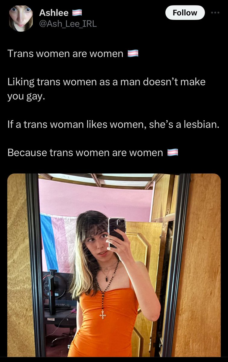 Trans women are a category of man. Liking trans women as a man makes you homosexual by definition. If a trans woman likes a woman, they are heterosexual. If trans women were actually women, they wouldn’t need the prefix ‘trans’, they would simply be called ‘women’.