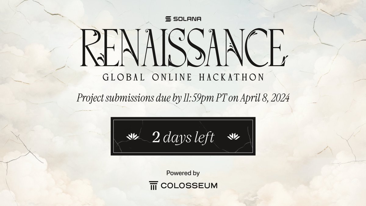 Solana (@solana) on Twitter photo 2 days remain, and competition is heating up in the Solana Renaissance Hackathon by <a href="/ColosseumOrg/">Colosseum (Old Account)</a> 🎨
Polish your projects and set yourself on the path to becoming the next great Solana project.
Submit by April 8: arena.colosseum.org 2 days remain, and competition is heating up in the Solana Renaissance Hackathon by <a href="/ColosseumOrg/">Colosseum (Old Account)</a> 🎨
Polish your projects and set yourself on the path to becoming the next great Solana project.
Submit by April 8: arena.colosseum.org