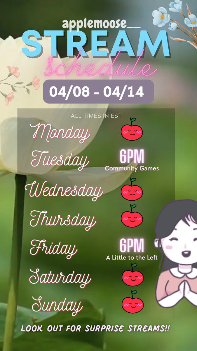 applemoose__'s tweet photo. I have officially posted my Twitch schedule for next week! WE ARE BACK!✨ Let's play games together on Tuesday, and we can finish up A Little to the Left on Friday!!! WOOOO! HAPPY SPRING! 🍎
https://t.co/96KP0xjmu6 https://t.co/WCQIKMeR23
