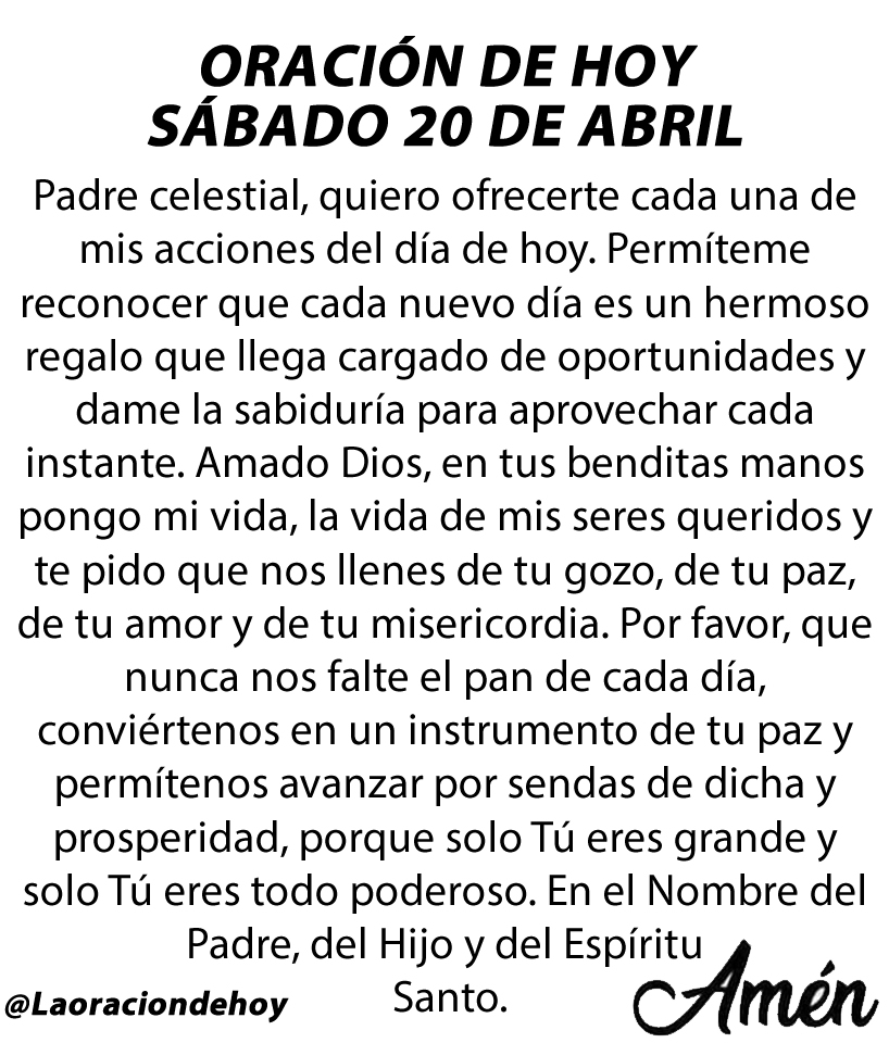 Oración diaria para hoy sábado 20 de abril de 2024.