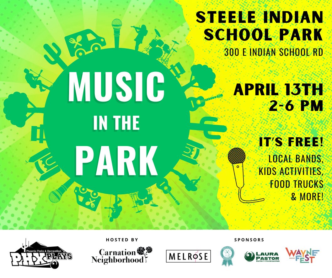 🎵 A feast for the senses awaits at Music in the Park! Steele Indian School Park, April 13th, 2-6pm. Experience local talent, kids' activities, and food trucks. #phxplays #phxparks 🎤🎶🌳 📍 Steele Indian School Park, 300 E Indian School Rd. ⏰ April 13th, 2PM-6PM