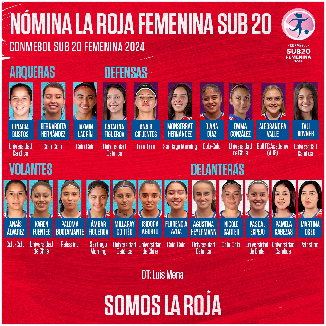 Nómina oficial 𝗖𝗢𝗡𝗠𝗘𝗕𝗢𝗟 𝗦𝗨𝗗𝗔𝗠𝗘𝗥𝗜𝗖𝗔𝗡𝗢 𝗙𝗲𝗺𝗲𝗻𝗶𝗻𝗼 𝗦𝗨𝗕-20 ⭐️

Estas son las futbolistas elegidas por Luis Mena, que representarán a Chile 🇨🇱 en el Sudamericano Femenino 🏆, que se disputa en Guayaquil 🇪🇨 desde el 11 de abril al 5 de mayo.

#SomosLaRoja