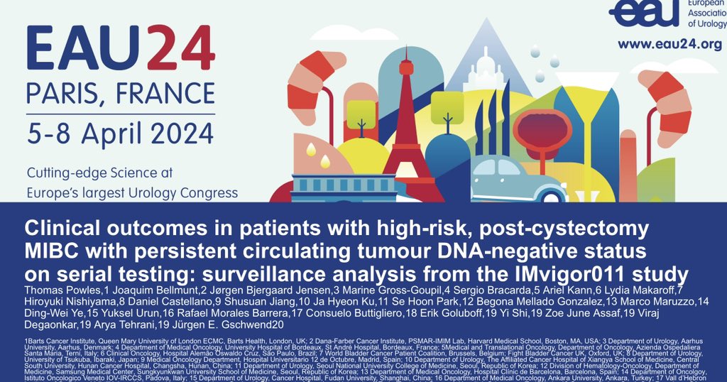 A few details IM011 ctDNA presentation (post cystectomy MIBC) #EAU24 - it’s a subset analysis for the ctDNA -ve pts who remained -ve for a year. Analysis started post surgery not at 1 year. Those that became ctDNA +ve were excluded, pts who relapsed on CT were included (1/3)