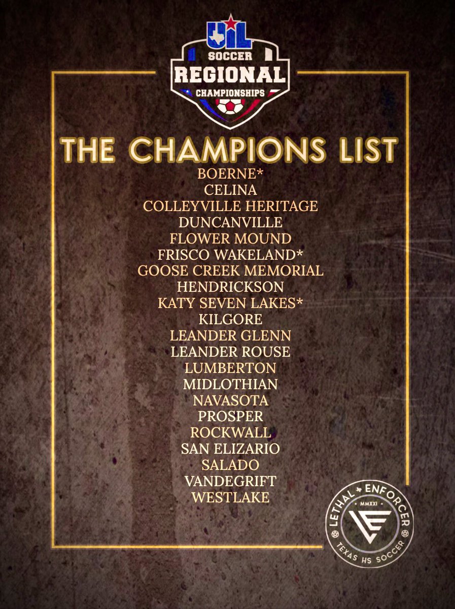 🏆 𝑻𝒉𝒆 𝑹𝒆𝒈𝒊𝒐𝒏𝒂𝒍 𝑪𝒉𝒂𝒎𝒑𝒊𝒐𝒏𝒔 𝑳𝒊𝒔𝒕 🏆 - 2024 UIL Texas High School Soccer- We started with over 1,000 teams, now we’re down to 24 who officially stamped their tickets to the STATE TOURNAMENT in Georgetown next week. Congratulations to the following programs!