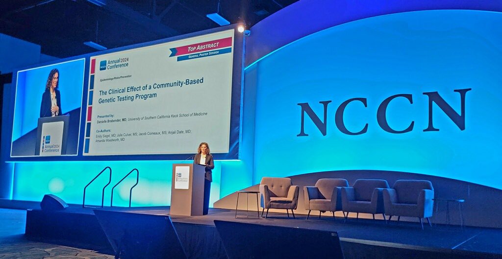 Amazing @USCGenSurg resident Danielle Brabender presenting our data on downstream effects of a community genetics program as a top 5 abstract at @NCCN #NCCN2024. Take note @ASBrS and @SocSurgOnc program directors -- she's on track to be a breast surgeon.