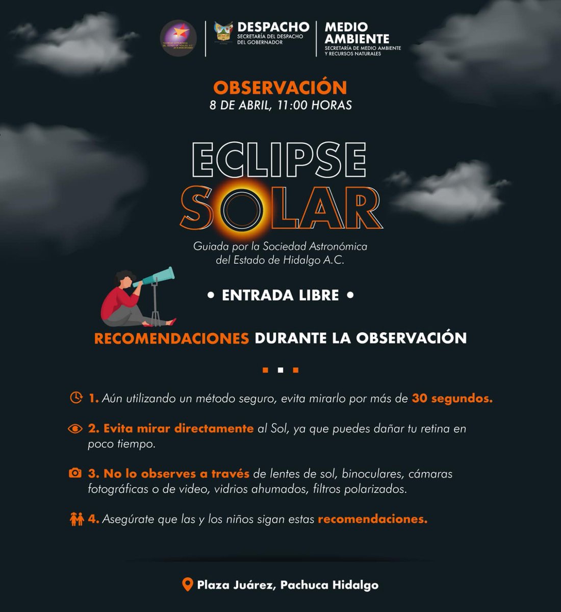 gobiernohidalgo's tweet image. ¡Este lunes 8 de abril prepárate para vivir el eclipse solar total! 🌘

Aquí encontrarás nuestros mejores consejos para que no te pierdas ni un momento de este fenómeno astronómico, observándolo de la manera más segura. 🕶️🔭