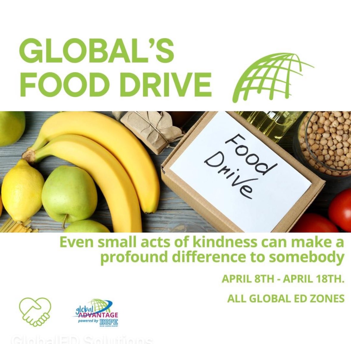 Hey Global Students! We have some exciting news to share with you all. We are hosting a food drive from April 8th to April 18th and we need your help! This is a great opportunity for us to come together as a community and make a positive impact on those in need. @Global_OnlineED