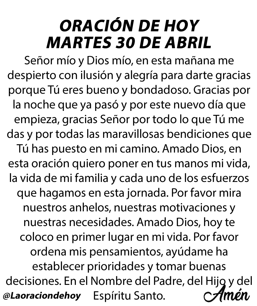 Oración diaria para hoy martes 30 de abril de 2024.