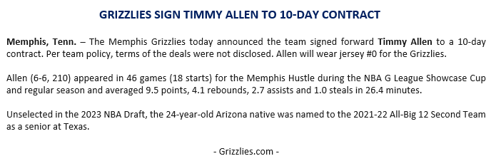 The @memgrizz today announced the team signed Timmy Allen to a 10-day contract.