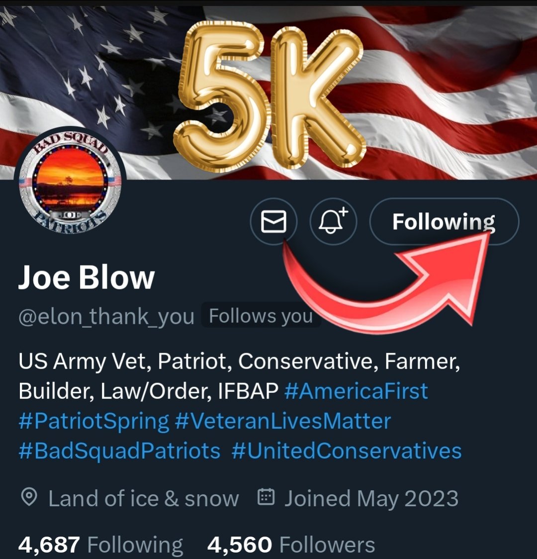 Good afternoon everyone 😊 Please help this amazing Veteran /Patriot achieve his 5K followers milestone!!! 💥🇺🇸💥@elon_thank_you 💥🇺🇸💥