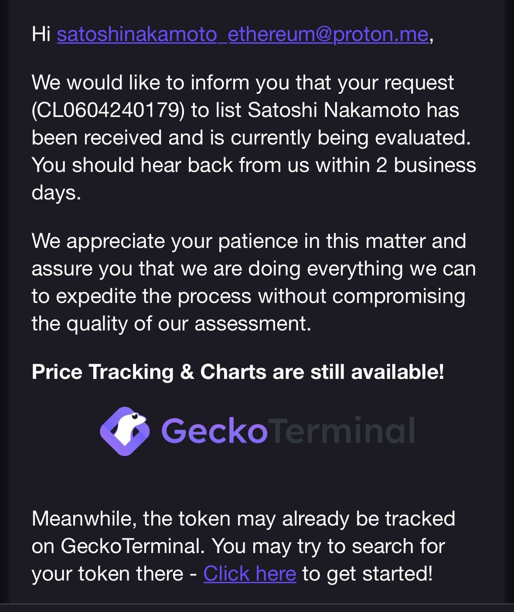 Hey @CoinGecko We have applied for listing. Ticket info via request: CL0604240179 geckoterminal.com/eth/pools/0xf0… t.me/SatoshiErcToke…