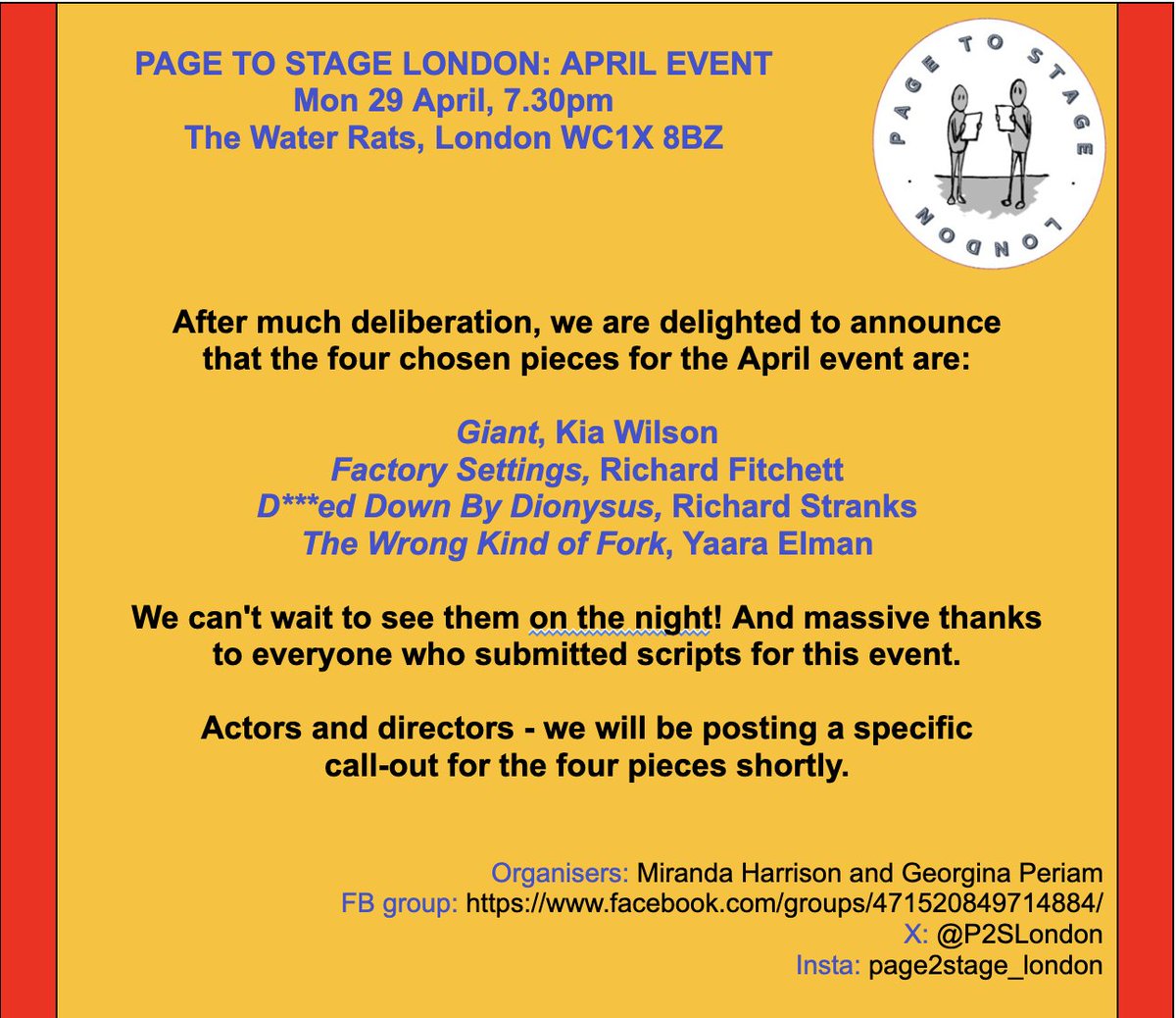 A huge thanks to all who submitted scripts for our April event. We had a bumper selection this month with brilliantly varied subject matters and styles. Mark your diaries for Monday 29th April, 7:30pm @Water_Rats - it's going to be a brilliant evening of #newwriting