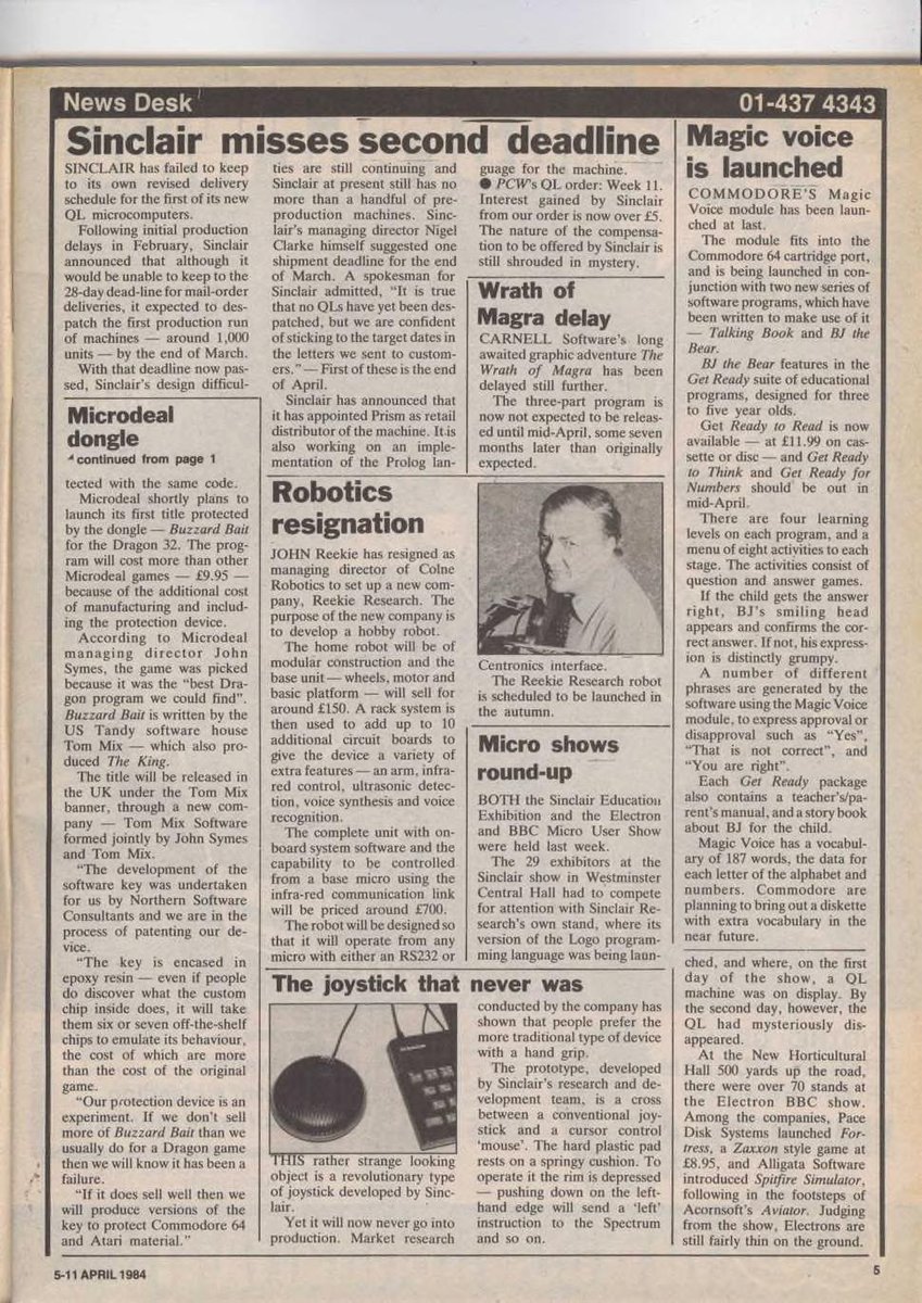 40 years ago, Amstrad announced its CPC computer. Meanwhile, Sinclair's QL yet again failed to launch as promised, while the company's weird Spectrum mouse concept was pulled from production. Finally, claims that a dongle will beat home copying were somewhat premature...