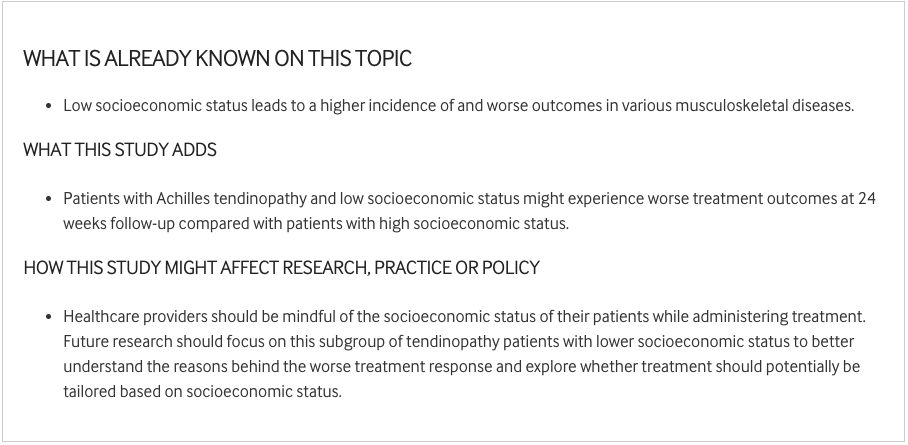 ⚠️ Low socioeconomic status is associated with worse treatment outcomes in patients with Achilles tendinopathy NEW #OriginalResearch with the #KeyFindings👇 Read more ➡️ bit.ly/43QHtMk