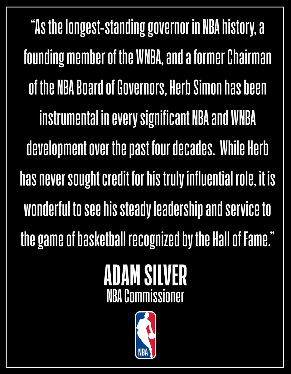 NBAPR's tweet image. NBA Commissioner Adam Silver's statement on Herb Simon's induction to the Naismith Basketball Hall of Fame: