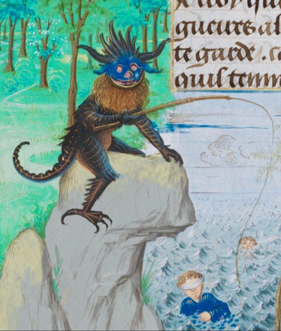 A creature gone fishing. Source: Genève, MS fr. 182. Date: 15th c. Image via Damien Kempf.