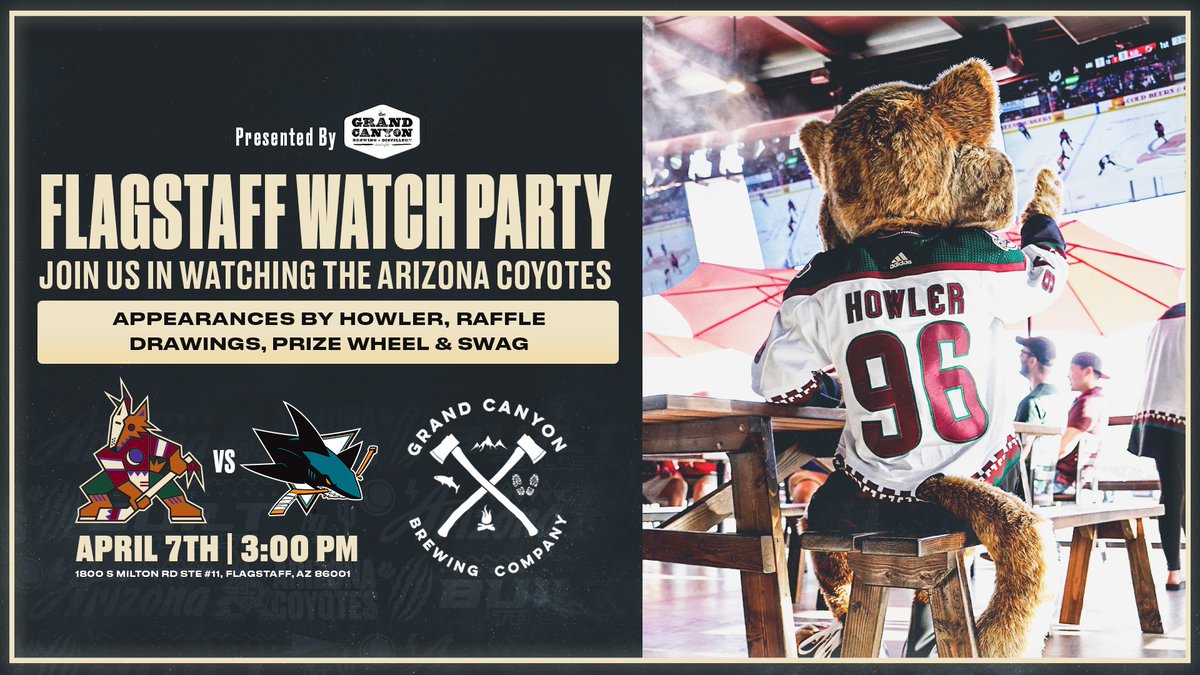The Coyotes start a five-game road trip in San Jose on Sunday. But here in AZ, you can join us at Grand Canyon Brewing - Distillery - Flagstaff to join us (and @HowlerCoyote) to watch the team take on the Sharks! Presented by @GCBrewery.