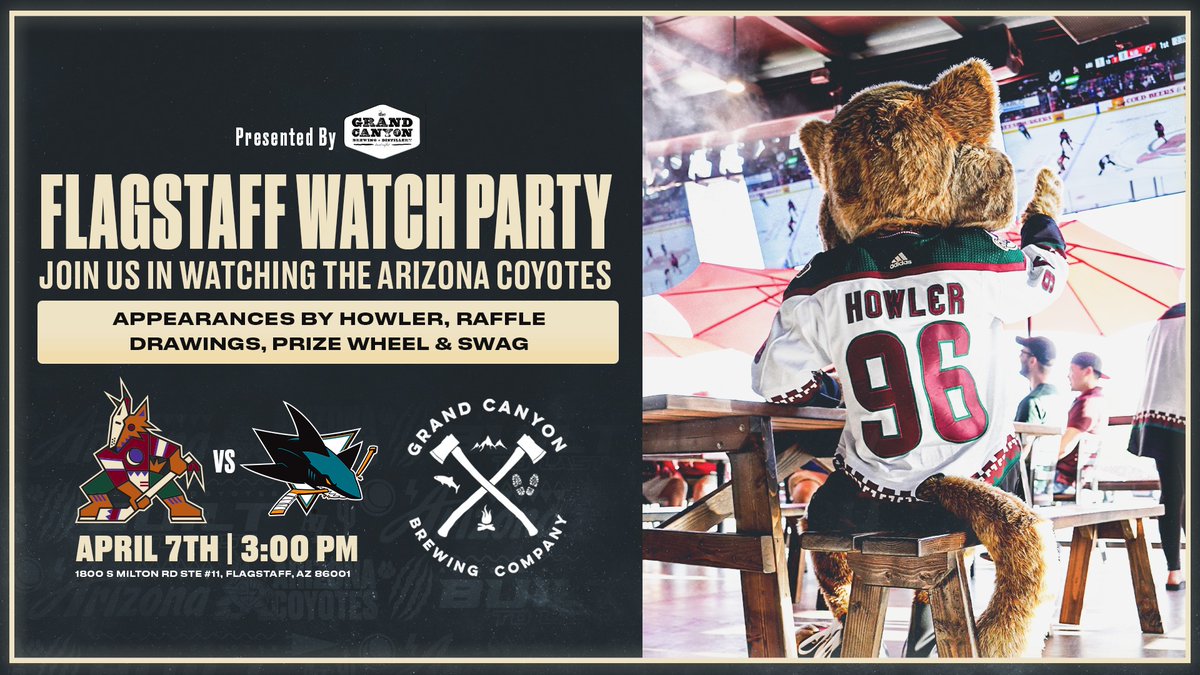 Arizona Coyotes (@arizonacoyotes) on Twitter photo The Coyotes start a five-game road trip in San Jose on Sunday.
But here in AZ, you can join us at Grand Canyon Brewing - Distillery - Flagstaff to join us (and <a href="/HowlerCoyote/">Howler the Coyote</a>) to watch the team take on the Sharks!
Presented by <a href="/GCBrewery/">Grand Canyon Brewery</a>. The Coyotes start a five-game road trip in San Jose on Sunday.
But here in AZ, you can join us at Grand Canyon Brewing - Distillery - Flagstaff to join us (and <a href="/HowlerCoyote/">Howler the Coyote</a>) to watch the team take on the Sharks!
Presented by <a href="/GCBrewery/">Grand Canyon Brewery</a>.