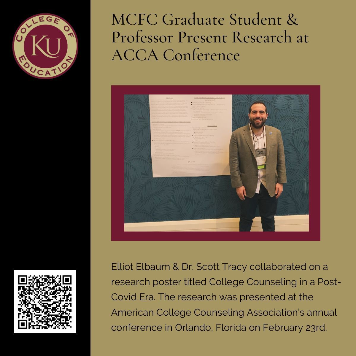 Graduate student Elliot Elbaum & Dr. Scott Tracy collaborated and presented research poster titled College Counseling in a Post-Covid Era. @KutztownU @KutztownAlumni #CACREP #ACCA #MarriageCounseling #FamilyCounseling  #CounselorEducation #EducationAtKu #KUCOE