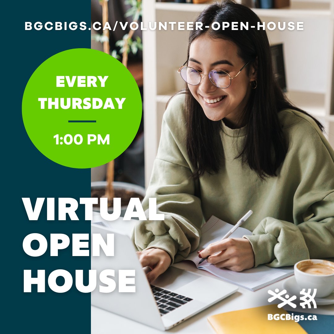 Every Thursday at 1:00 PM we host a Virtual Open House! Register at bgcbigs.ca/volunteer-open… to join a Zoom call and ask questions about becoming a Volunteer! Can't make it on Thursday afternoons? Send us a DM! Our team can arrange another time to chat with you. #VolunteerYEG