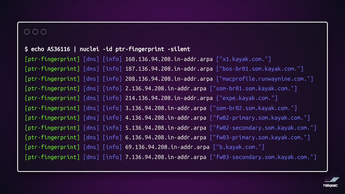 Using Nuclei to identify hostnames associated with an ASN using the PTR fingerprinting template! ⌨️ echo <ASN> | nuclei -id ptr-fingerprint Use this to help you map a target's network structure and identify potential targets for further testing.