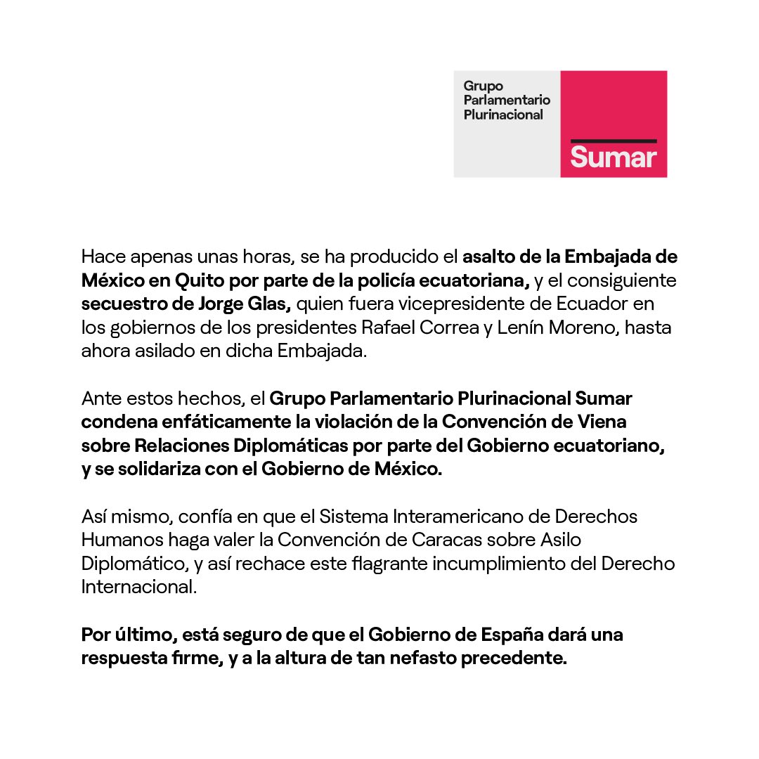 El asalto de la Embajada de México por parte del Gobierno ecuatoriano es una violación del derecho internacional. Toda nuestra solidaridad con el Gobierno de México.