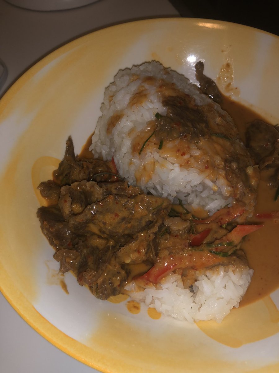 Saturday Treat

Beef Panang Curry & Steamed Rice with French Fries

Total Cost with Delivery £4.55

I’ve had one mouthful and it’s spicy AF, defo need two pints of milk to wash it downs. Honestly intense heat
