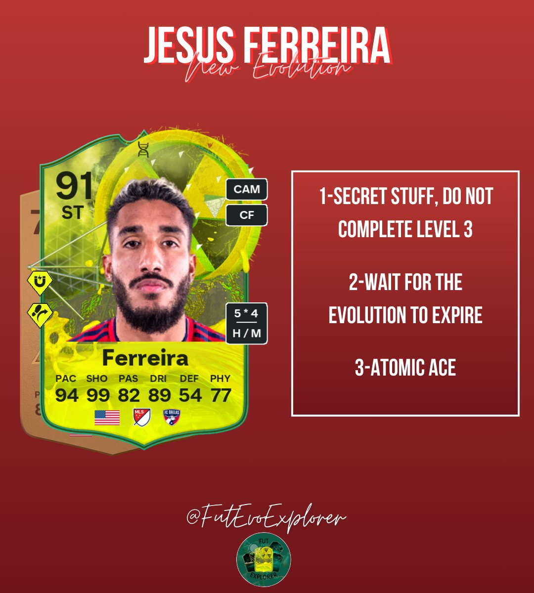 🧬NEW EVO: Atomic Ace🧬 👑Jesus Ferreira Evolution 5⭐️ 4⭐️ 99 SHO💪 94 PACE🚀 Probably the best option for the new evolution. I will post other evolutions later. Follow @FutEvoExplorer for more! #EAFC #EAFC24