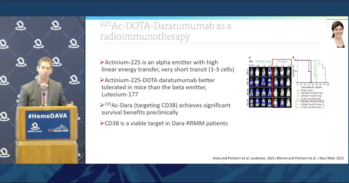 A fantastic final MM lecture of #DAVAWhistlerHeme! @ScottG_MD shares preclinical efficacy of Actinium-225-DOTA daratumumab radioimmunotherapy and ongoing clinical trial for triple-class refractory MM clinicaltrials.gov/study/NCT05363… Which is your favorite candidate name? 😅