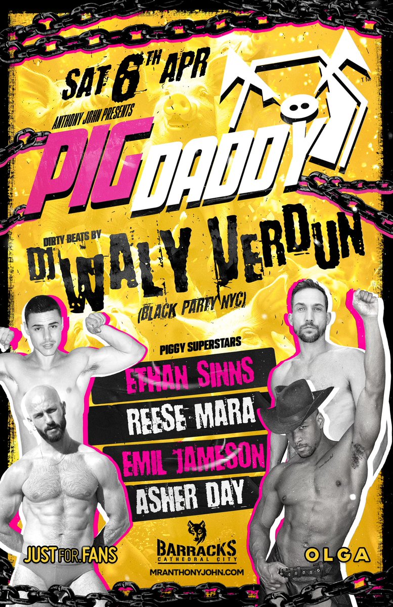 TONIGHT! @MrAnthonyJohn Presents: PIG DADDY SAT, APRIL 6th 9PM-2AM DJ WALY VERDUN PIGGY SUPERSTARS @XXXEthanLA @femmiedaddie @xxxAsherDay @Scusemydick Cover $20 Free clothes check. Sponsored by @JusForFansSite #OlgaVodka