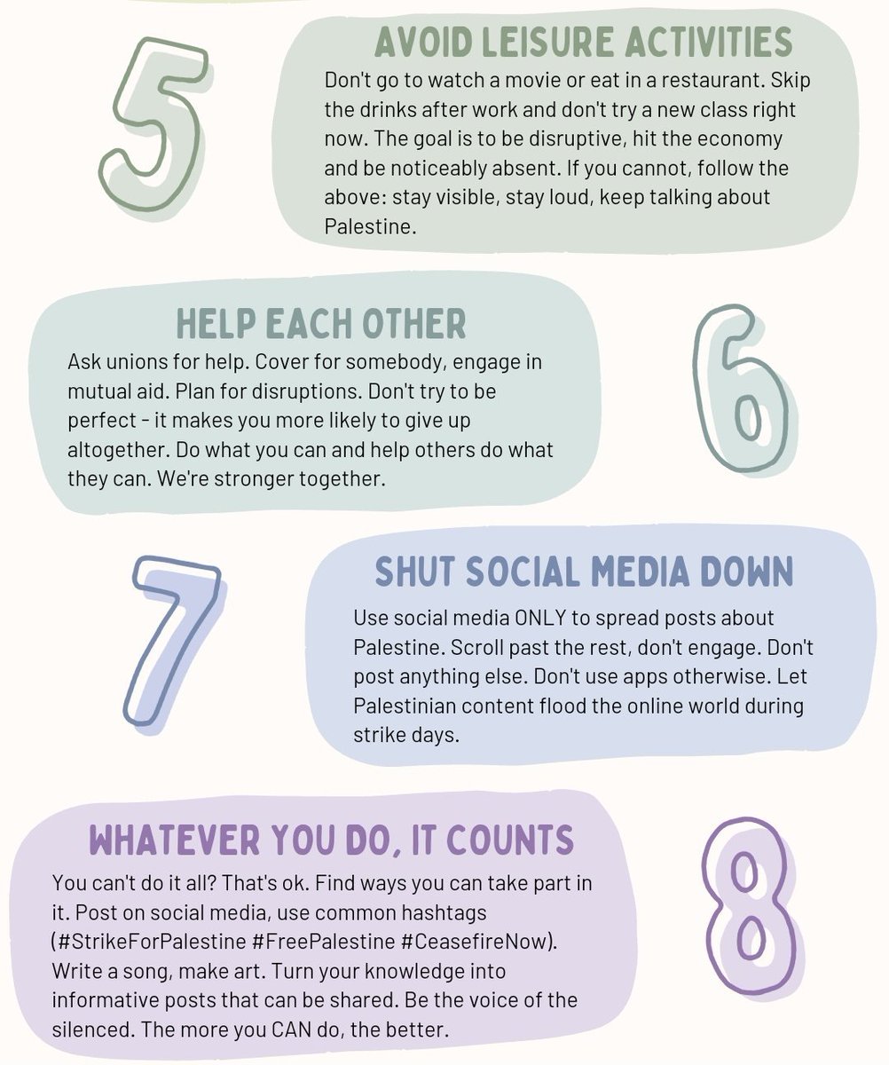 Guide from the January global strike, also created and called by Bisan (alt text included)!! HEAVY emphasis on #8: WHATEVER YOU DO, IT COUNTS. Turn your knowledge into informative posts that can be shared. Be the voice of the silenced. The more you CAN do, the better 🍉