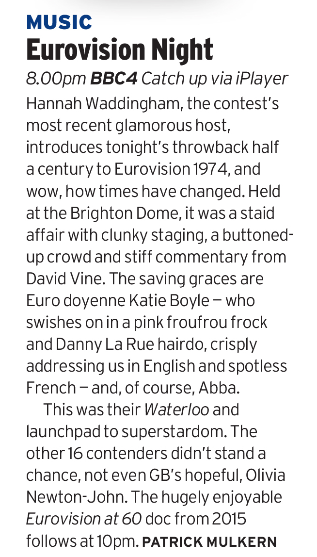 50 years tonight since the most significant #Eurovision ever. The UK & RT were pinning hopes on #OliviaNewtonJohn (pictured with supporter #CliffRichard). Who'd even heard of #ABBA...? The whole 1974 Contest is repeated Sunday night. Here's your scorecard (NB France dropped out)