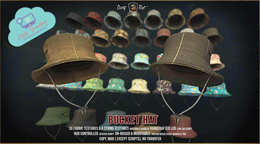 Lazy Sunday special: Dirty Rat - Dirty Rat - Bucket Hat for an incredible 75 Lindens! 📅 Event commenced on April 7, 2024, and concludes on April 9, 2024. 🌟 Limited-time offer – seize the opportunity! 🔗 marketplace.secondlife.com/p/Dirty-Rat-Bu… #SecondLifeDecor #DirtyRat #SecondLife