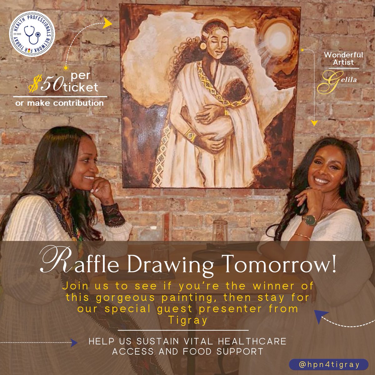 🎟️ Join our raffle drawing tomorrow, Sunday, April 7th, at 12PM EST! Will you win the stunning painting🎨? Then, stay for our special guest presenter from Tigray. Buy your tix 👉🏿givebutter.com/portrait4hope